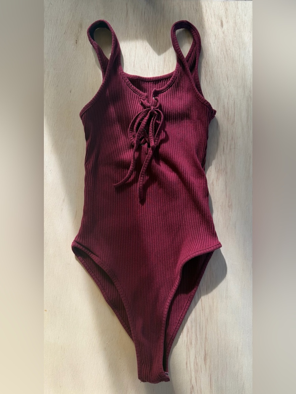 Ribbed Lace-Up Body Suit Burgundy